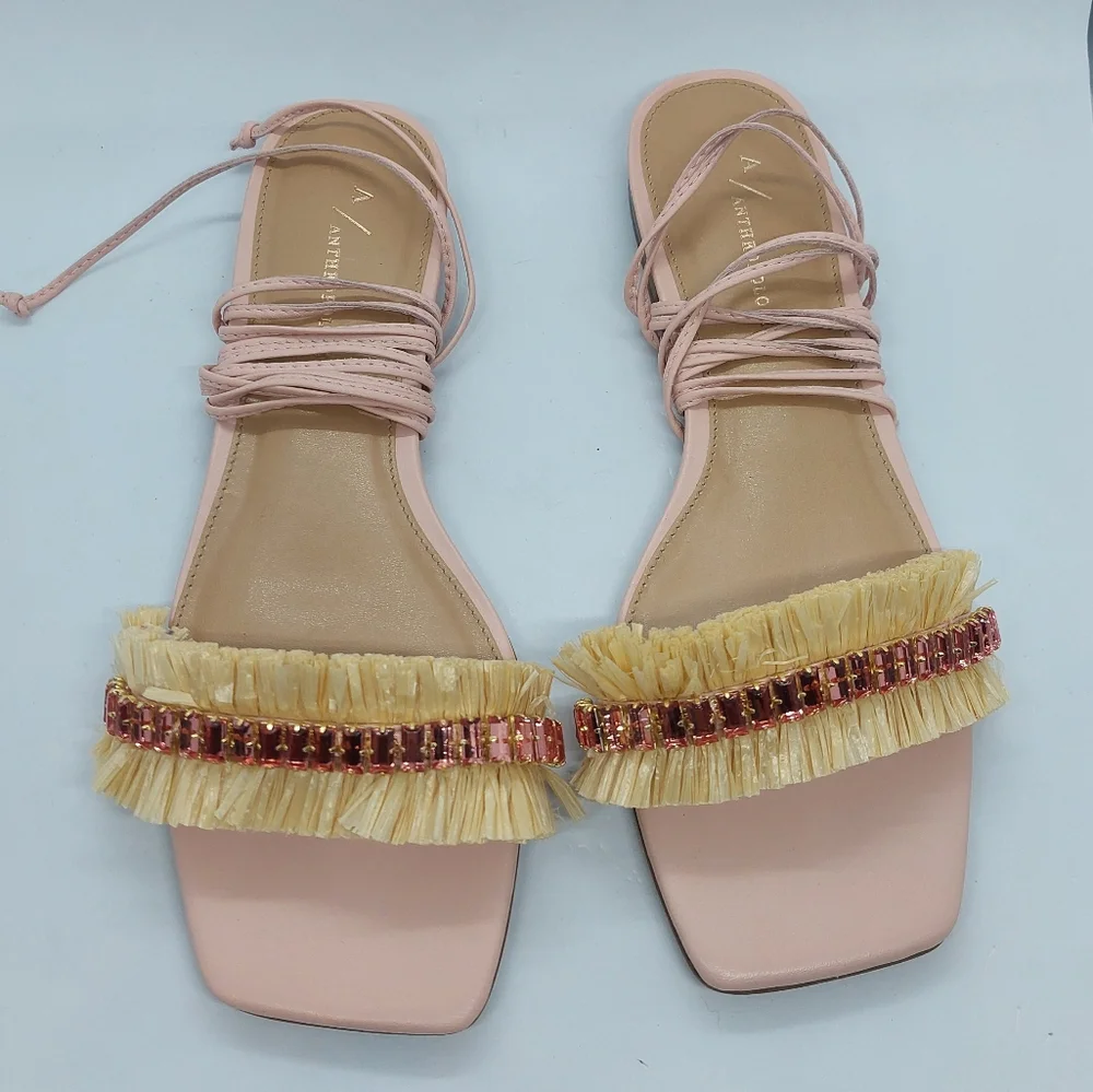 Anthropologie Embellished Tie Up Pink/Rose Raffia Square Toe Sandals Sz 39 US8.5